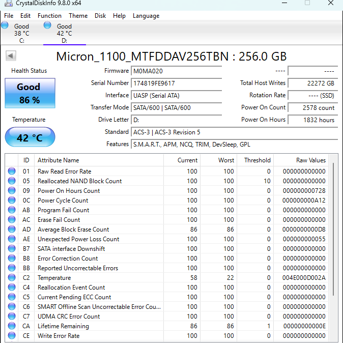 Micron M.2 2280 Slim 1100 Series 256GB SATA III 6Gbps SSD MTFDDAV256TBN
